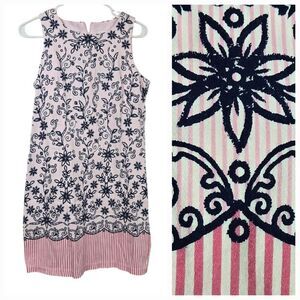 London Times Pink Stripe Navy Floral Sleeveless Work Dress Sheath Office Career